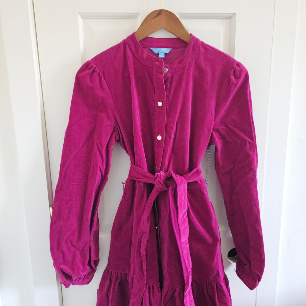 Draper James RSVP Fuchsia Corduroy Tiered Mini Dress Long Sleeve Pink XS NEW
